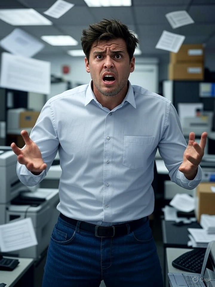 Frazzled worker juggling printouts among boxes